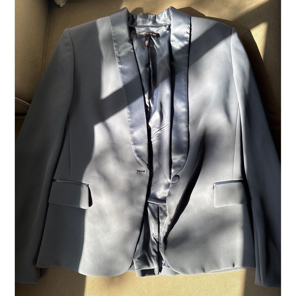 Victoria's Secret Tuxedo Blazer 10 Slate Steel Blue Grey Y2K Satin Shoulder Pads